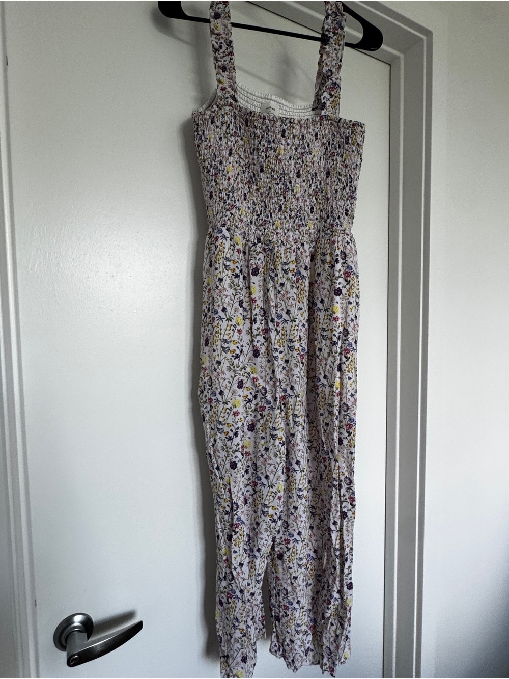 Aritzia Floral Smocked-Strap Jumpsuit - White with Purple & Yellow Floral Print